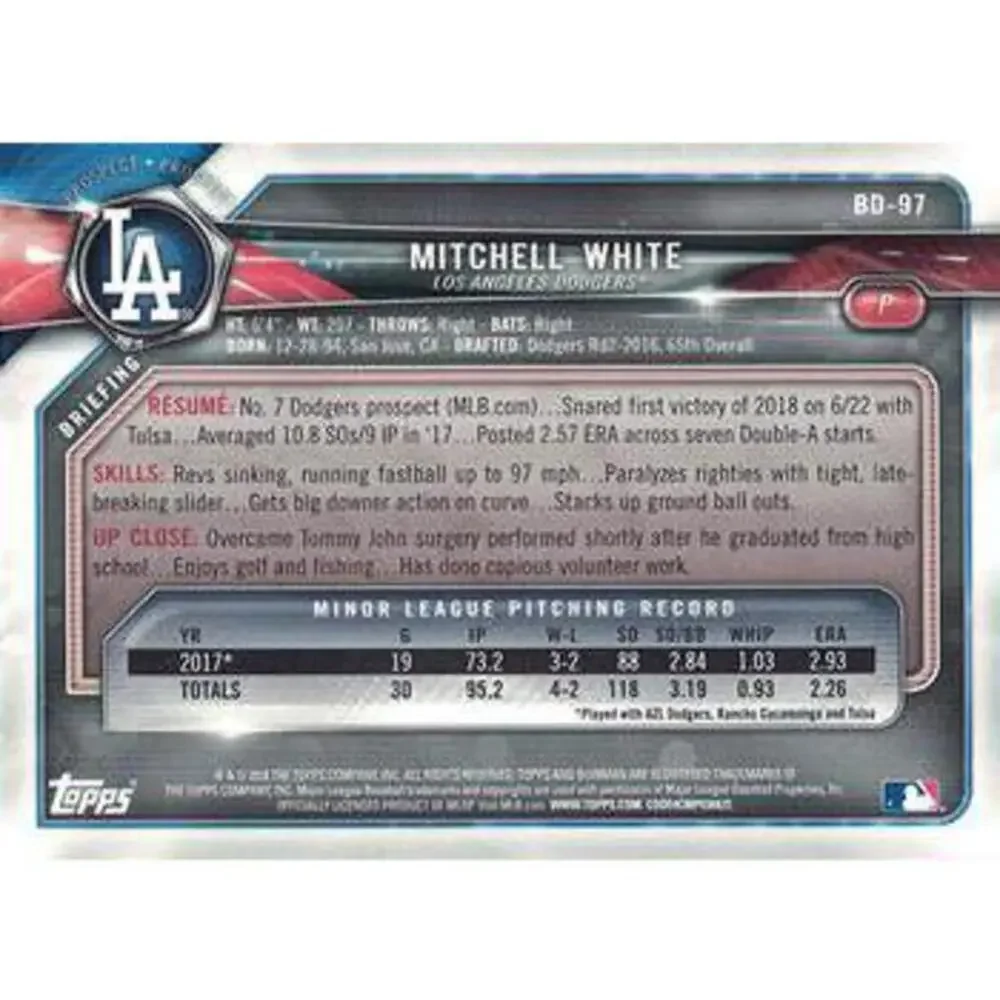 2018 Bowman Draft Mitchell White BD-97 Los Angeles Dodgers